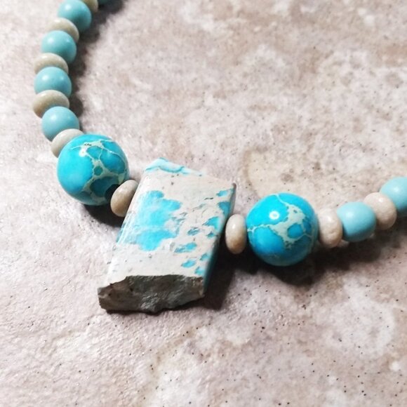Beachy! Aqua + Sand Beaded Sea Sediment Jasper Boho SouthWestern Bracelet 6.5-7" - Picture 2 of 5